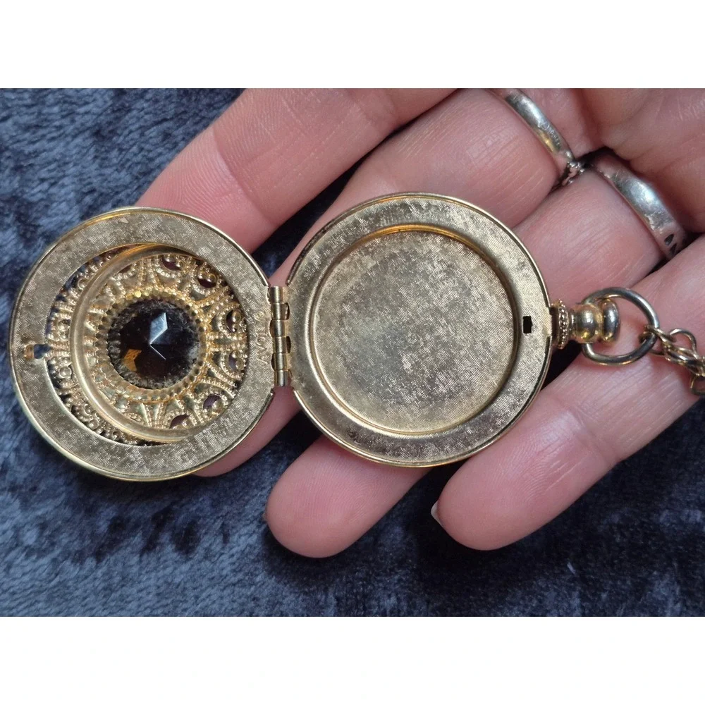 Vintage Long Avon Amber Glass Filigree Locket Necklace Gold Tone Victorian Style